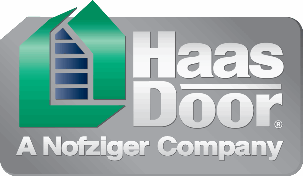 Haas Door logo with green house icon and gray text.