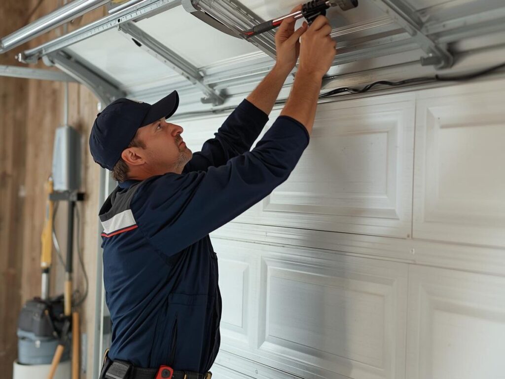Garage door technician adjusting opener hardware inside a garage.