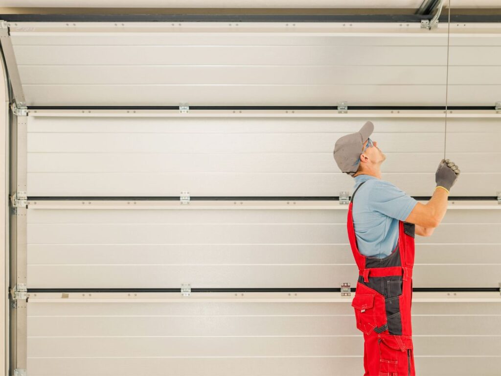 Technician pulling the emergency release cord on a garage door.