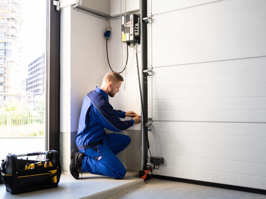 Technician repairing a commercial garage door control system.
