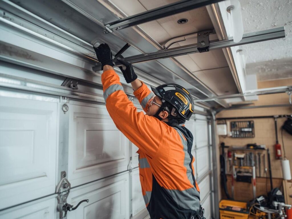 Worker servicing garage door tracks and opener components.